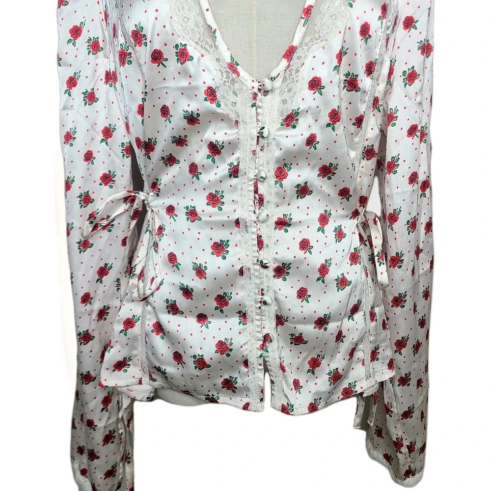 Free People Field Of Roses Satin Lace‎ Top L Cream Red Coquette Peasant Blouse